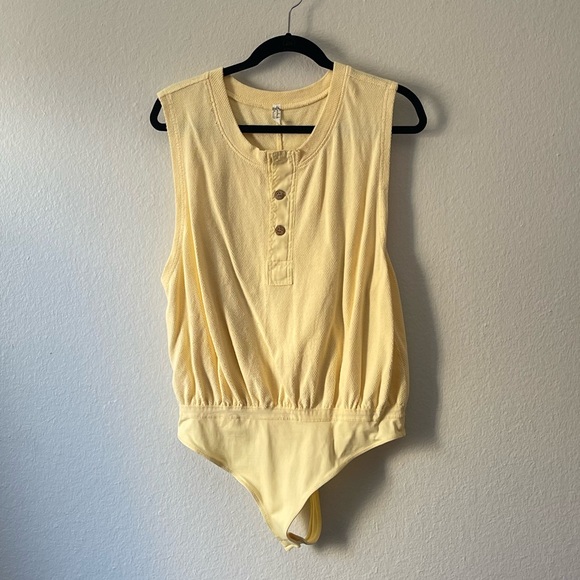 Free People Yellow Waffle Henley Tank Body Suit - Picture 2 of 5